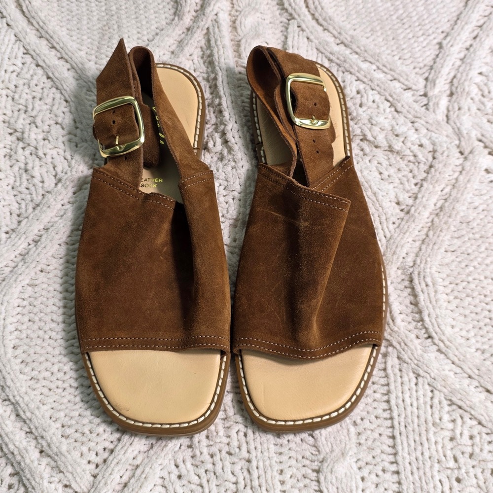 Avellini Slingback Sandals Flats Brown Buttery Suede‎ Buckle Square Toe Womens 9